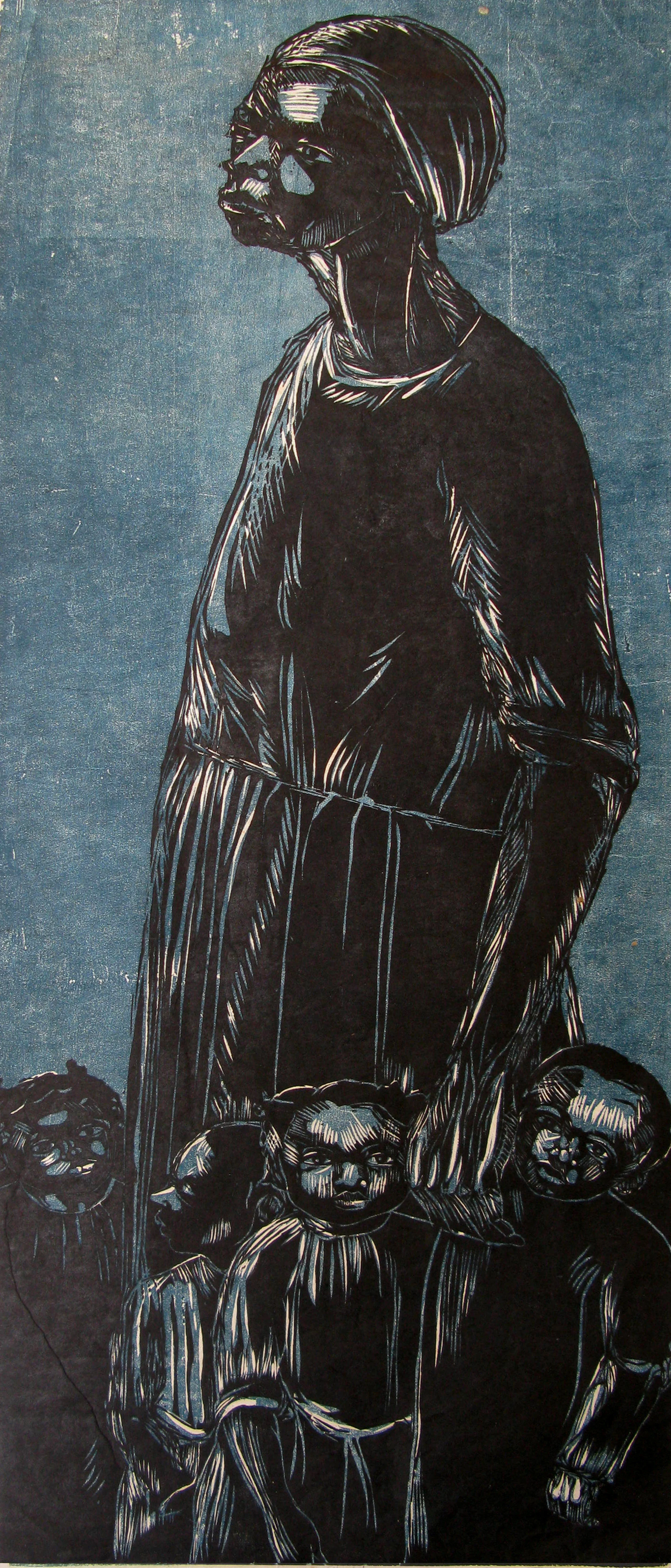 “Woman And Children” (1972), Maxwell Taylor, woodcut print on paper, 35 x 14. Part of the National Collection.