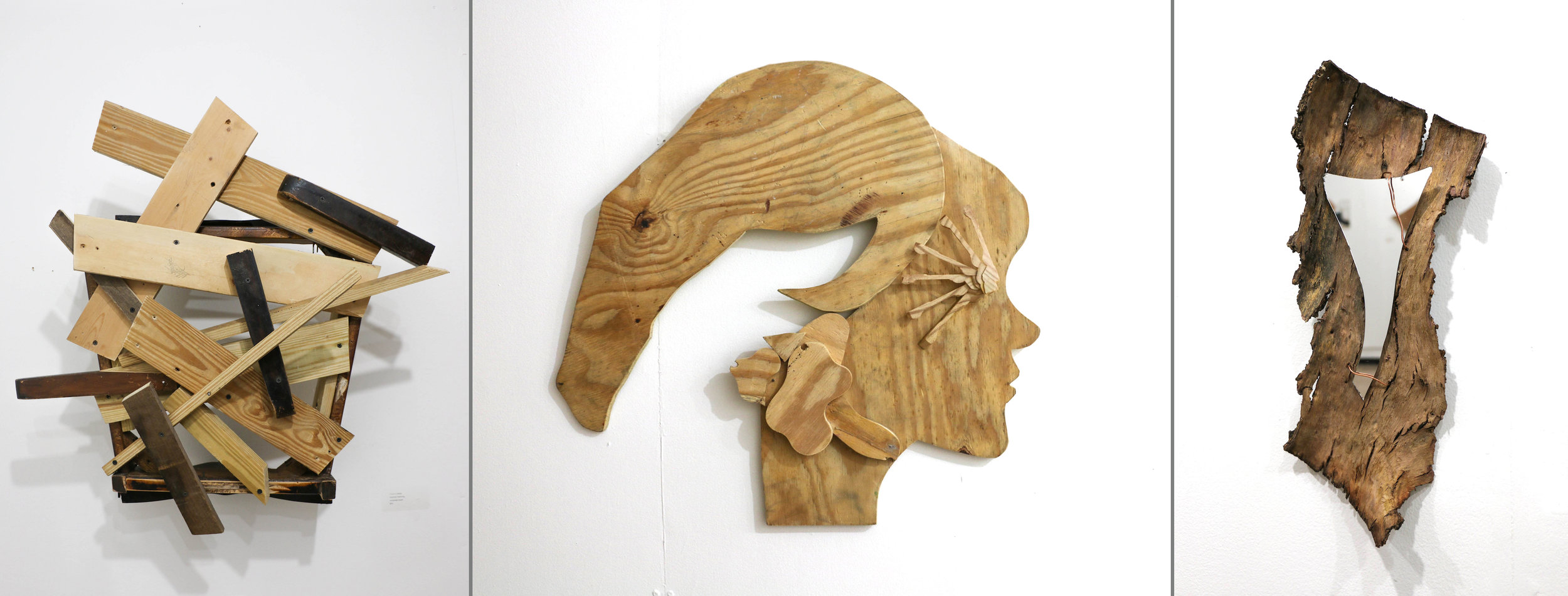 Wall art made from reclaimed wood. From Left: ‘Porch Lullaby’ by Matthew Rahming, ‘Native Styles’ by Jarrette Stubbs, and Discerning Frailty by Keisha Oliver