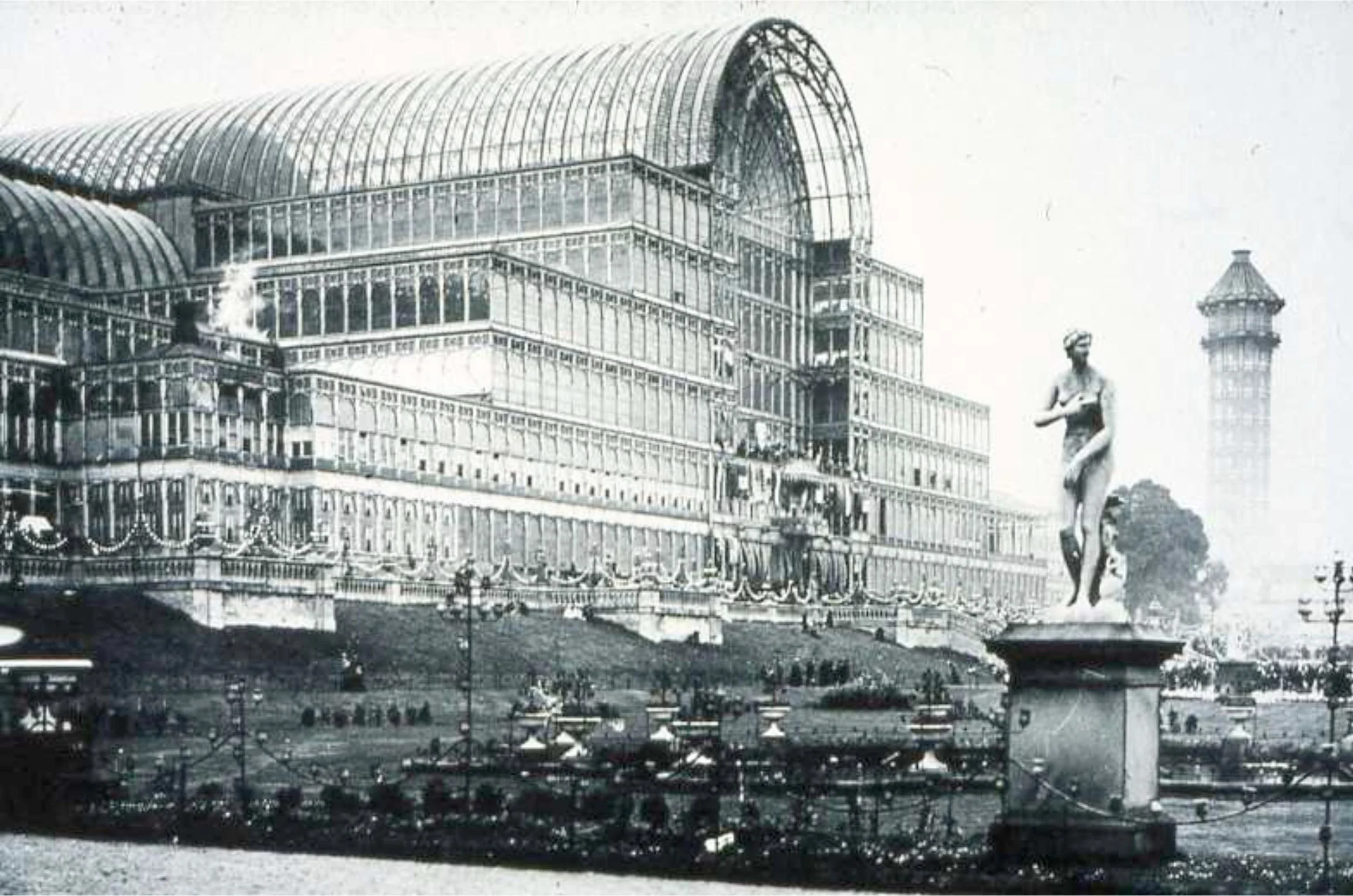 The Crystal Palace, London. The Crystal Palace was a cast-iron and plate-glass building originally erected in Hyde Park, London, England, to house the Great Exhibition of 1851.