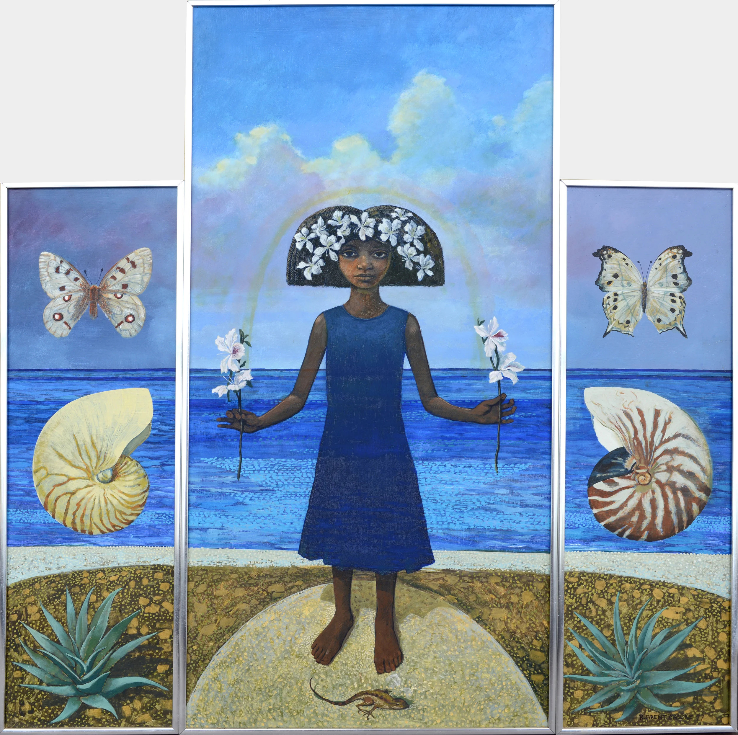 “Earth Sea Sky (Triptych of Unity)” 1977, R Brent Malone, acrylic and oil on hardboard, 17 x 8 ½ (2), 36 x 17 ½. Part of the Pam Burnside Collection.