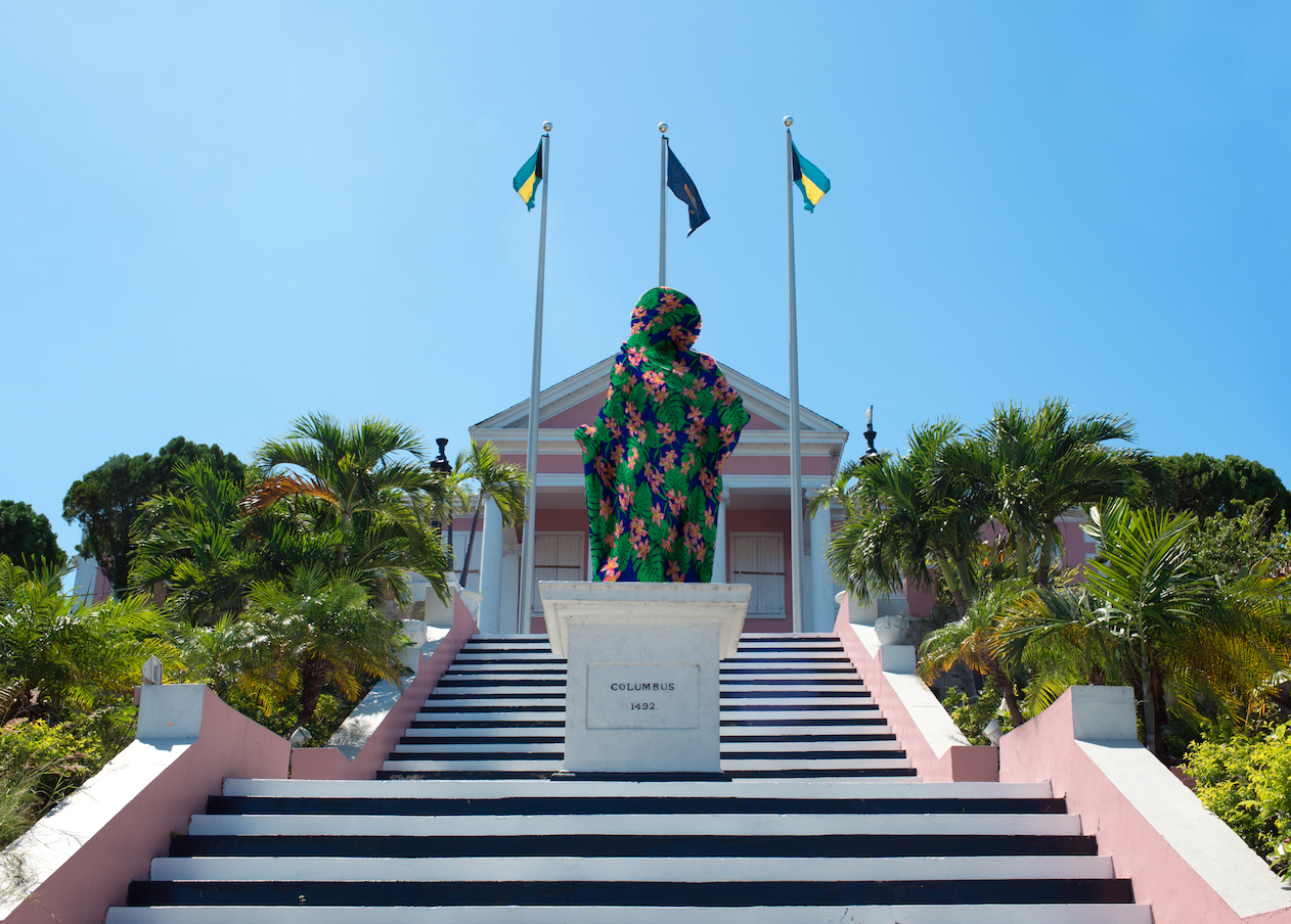 “Proposal For Artistic Intervention on the Columbus Statue in Front of Government House, Nassau” (2017), Joiri Minaya, postcard, 5x7.