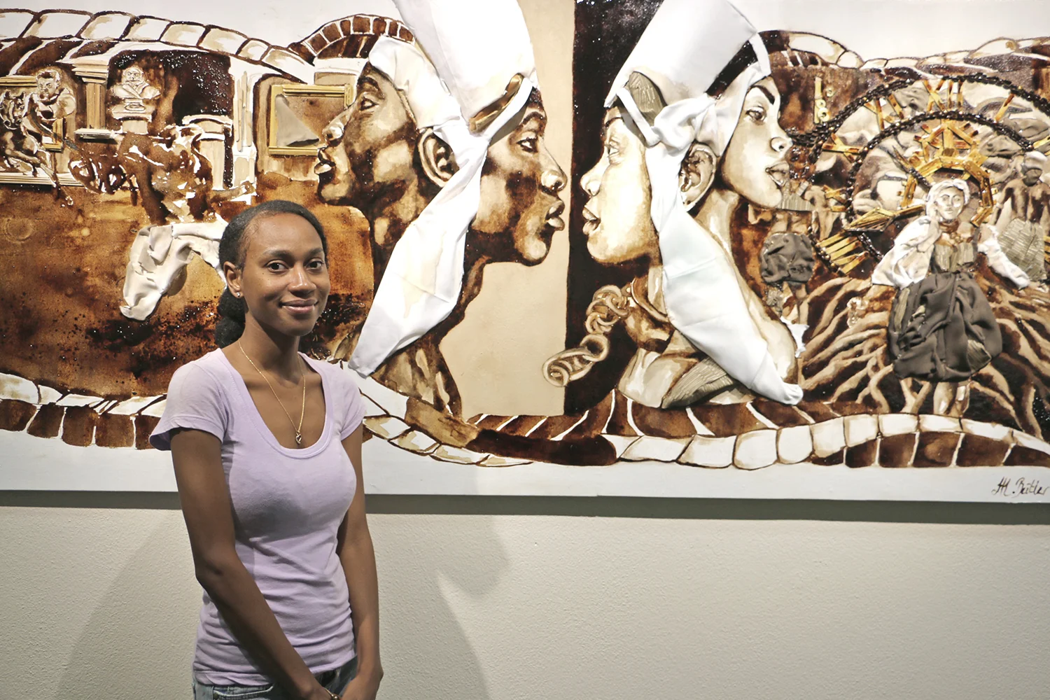 The Central Bank of The Bahamas 34th Annual Art Competition Staff Choice Award Winner, Minolta Butler with her coffee painting 'A Taste of Freedom"