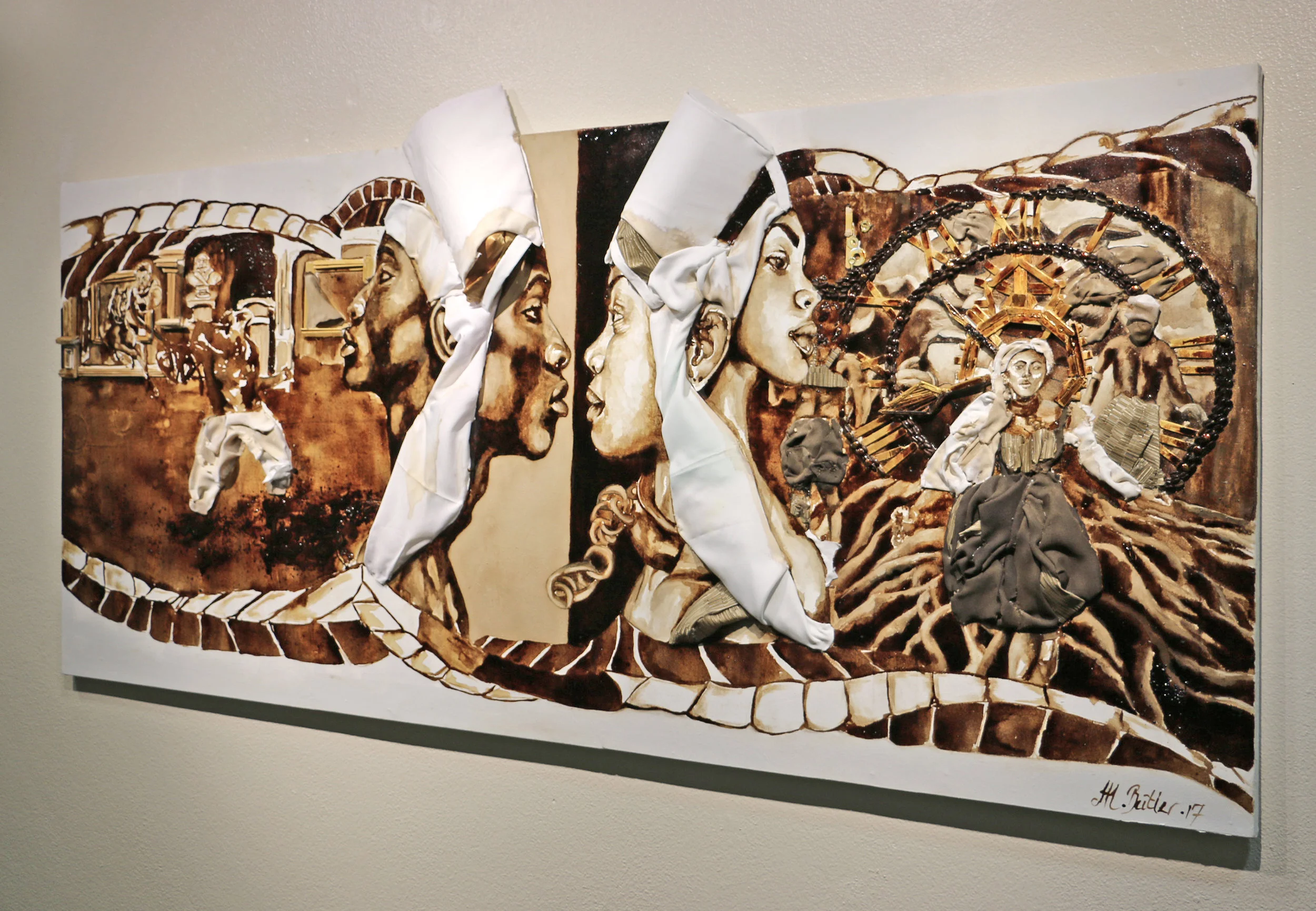 'A Taste of Freedom', coffee, fabric on on wood by Miolta Butler, 