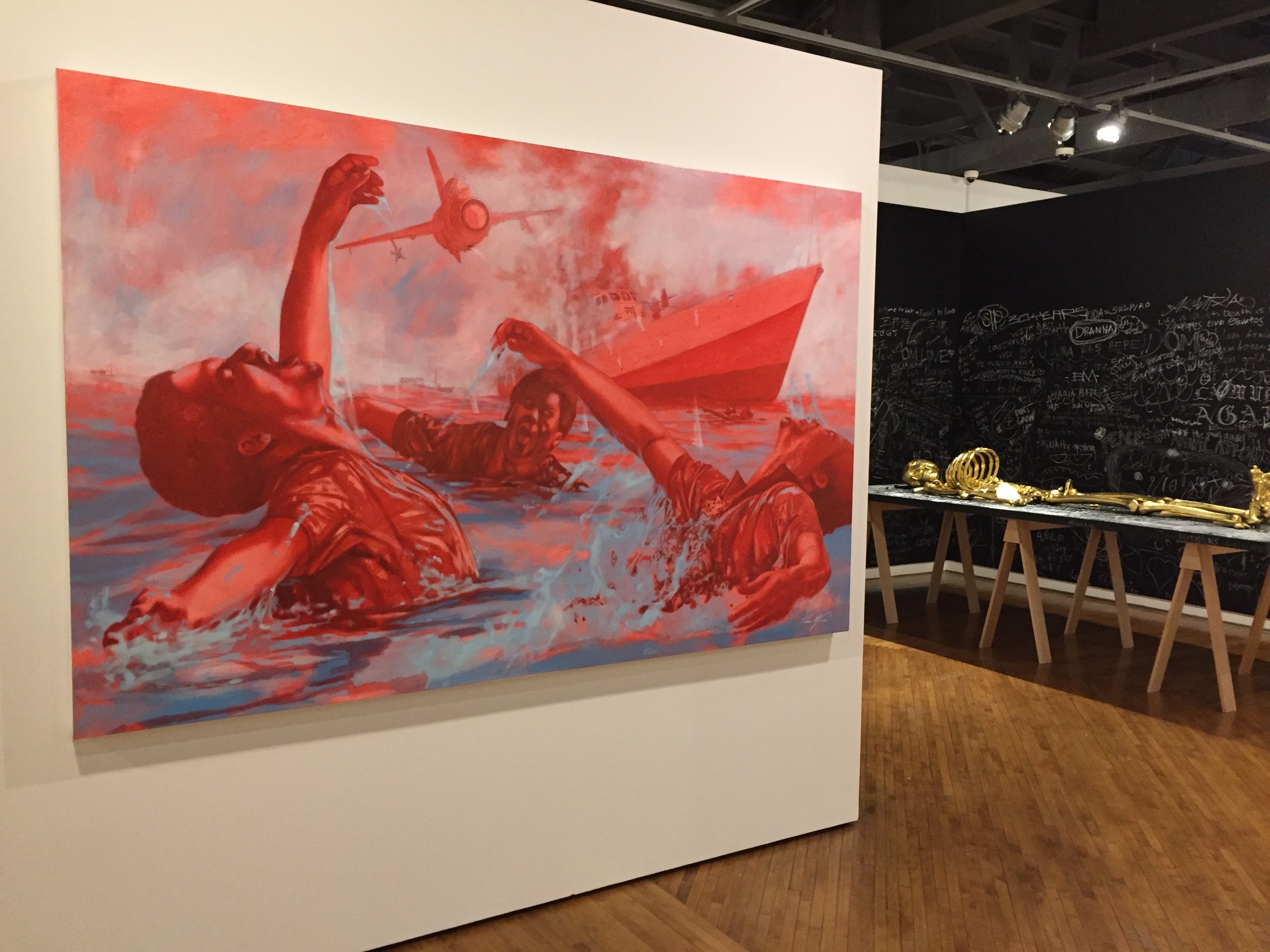 Kishan Munroe (left) The Sinking of the HMBS Flamingo (2013), oil on canvas; background (right) Jorge Pineda, Anatomy Lesson: Exquisite Corpse , After Joseph Beuys (2013)