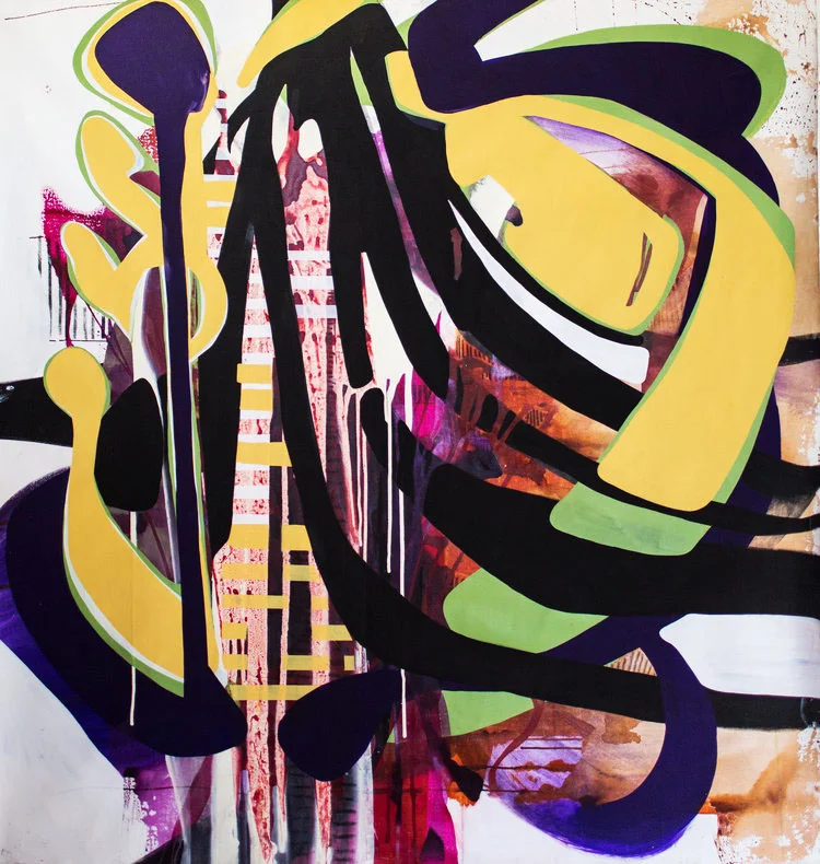 “Glow in the Light” (2017), Natascha Vazquez, acrylic, vinyl and charcoal on canvas, 51” x 53”. Part of the thesis exhibition “In A Space That Glows” at The Island House on December 1st from 6:00pm to 9:00pm.