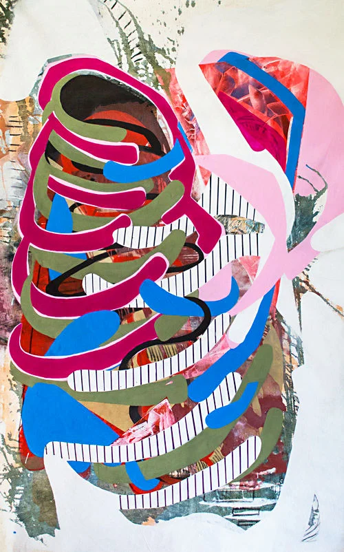 “Inside a Dance” (2017), Natascha Vazquez, Acrylic, charcoal and vinyl on canvas, 55” x 85”. Part of the thesis exhibition “In A Space That Glows” at The Island House on December 1st from 6:00pm to 9:00pm.