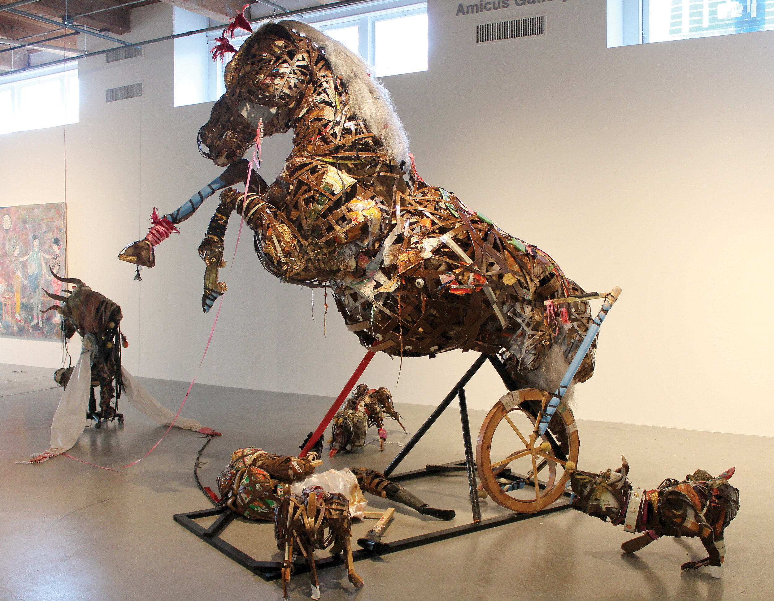 1. Lavar Munroe, Of the Omens He Had As He Entered His Own Village, and Other Incidents That Embellished and Gave Colour to a Great History (2017). Deconstructed Junkanoo costumes, found fabric, bullhorns, beads, rubber, tennis balls, ribbon, mesh, wood, mask, synthetic hair, feathers and cardboard. Courtesy of the artist.