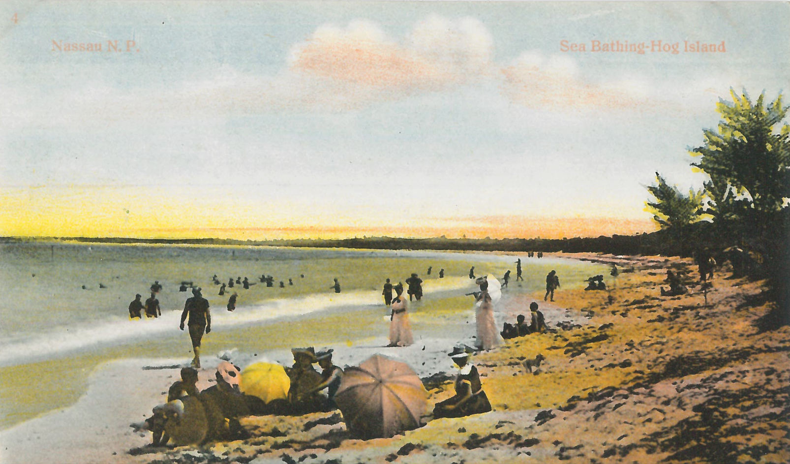 “Sea Bathing - Hog Island” (c.1860-1930), hand-coloured postcard, 3 1/2 x 5 1/2. Part of the National Collection.