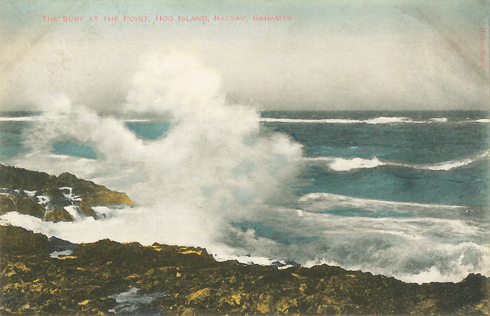 “The Surf at the Point - Hog Island” (c.1860-1930), hand-coloured postcard, 3 1/2 x 5 1/2. Part of the National Collection.