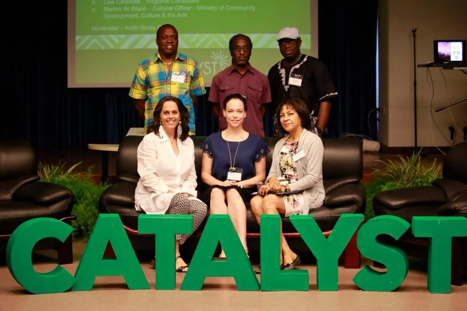 CATALYST participants, top row: Marcel Pinas from Tembe Art Studios in Suriname; Sean Leonard, Alice Yard , Trinidad; Marvin George , Jouvay Ayiti, Trinidad/Jamaica; Moderator - Annalee Davis, Barbados; Holly Bynoe , The National Art Gallery of The Bahamas, The Bahamas and Marina Salandy-Brown , Bocas Lit Fest ival, Trinidad and Toabgo. ROUNDTABLE 1, the conversation with creative practitioners and activists who have shifted the cultural landscape through their work.