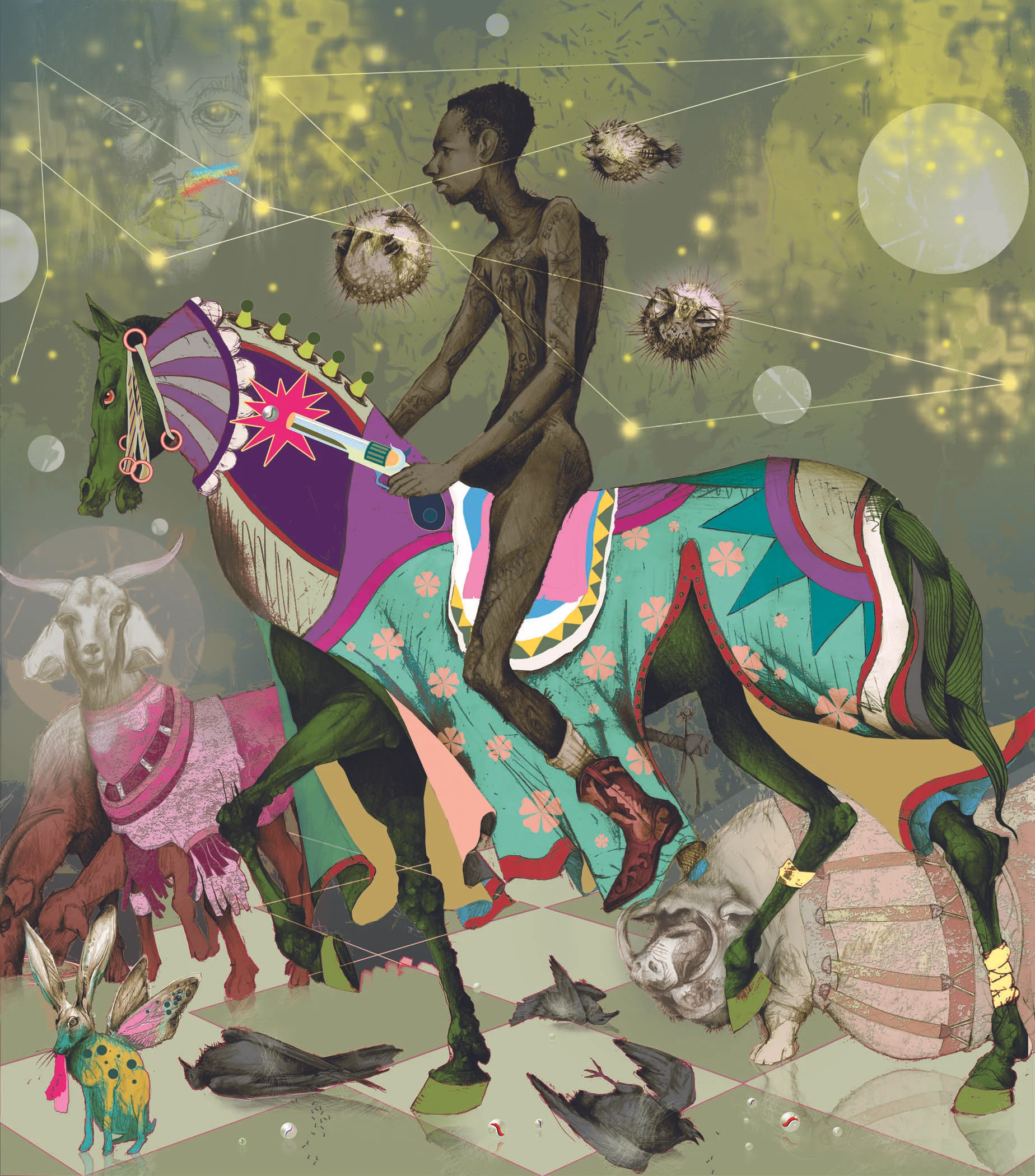 “ You Must Be Wondering What Type of Creature I Am“ (2009). Lavar Munroe. Graphite drawing colored digitally on Somerset Velvet Paper (Unique Print). 43 1/2 x 44 ½”. Image courtesy of the Central Bank of The Bahamas.