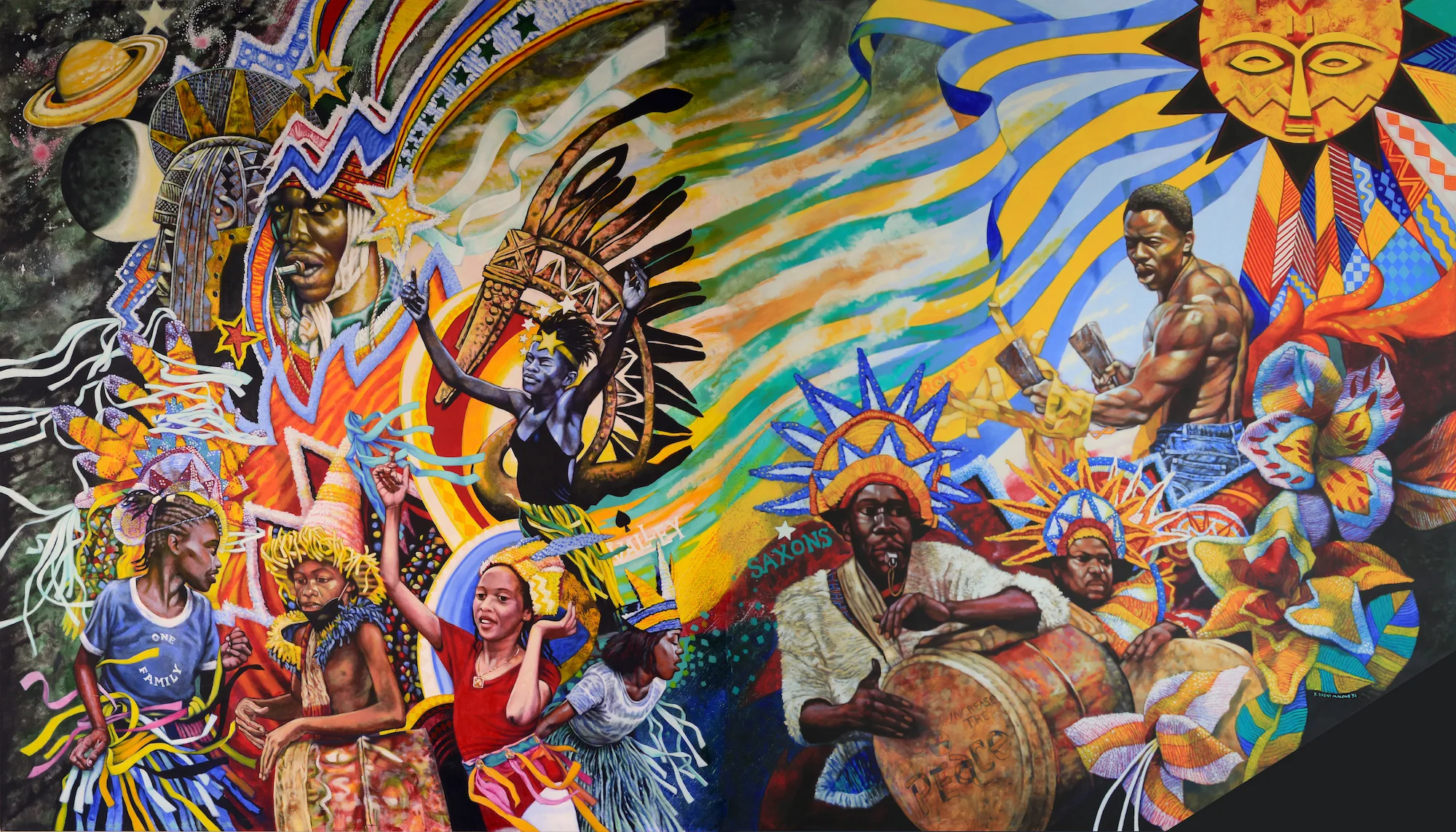 R. Brent Malone, “Celebration: Spirit of Junkanoo,” (1996). Acrylic on canvas, 11’ x 18’ NAGB, National Collection. Gifted by UBS (2018). Image courtesy: The Malone Estate
