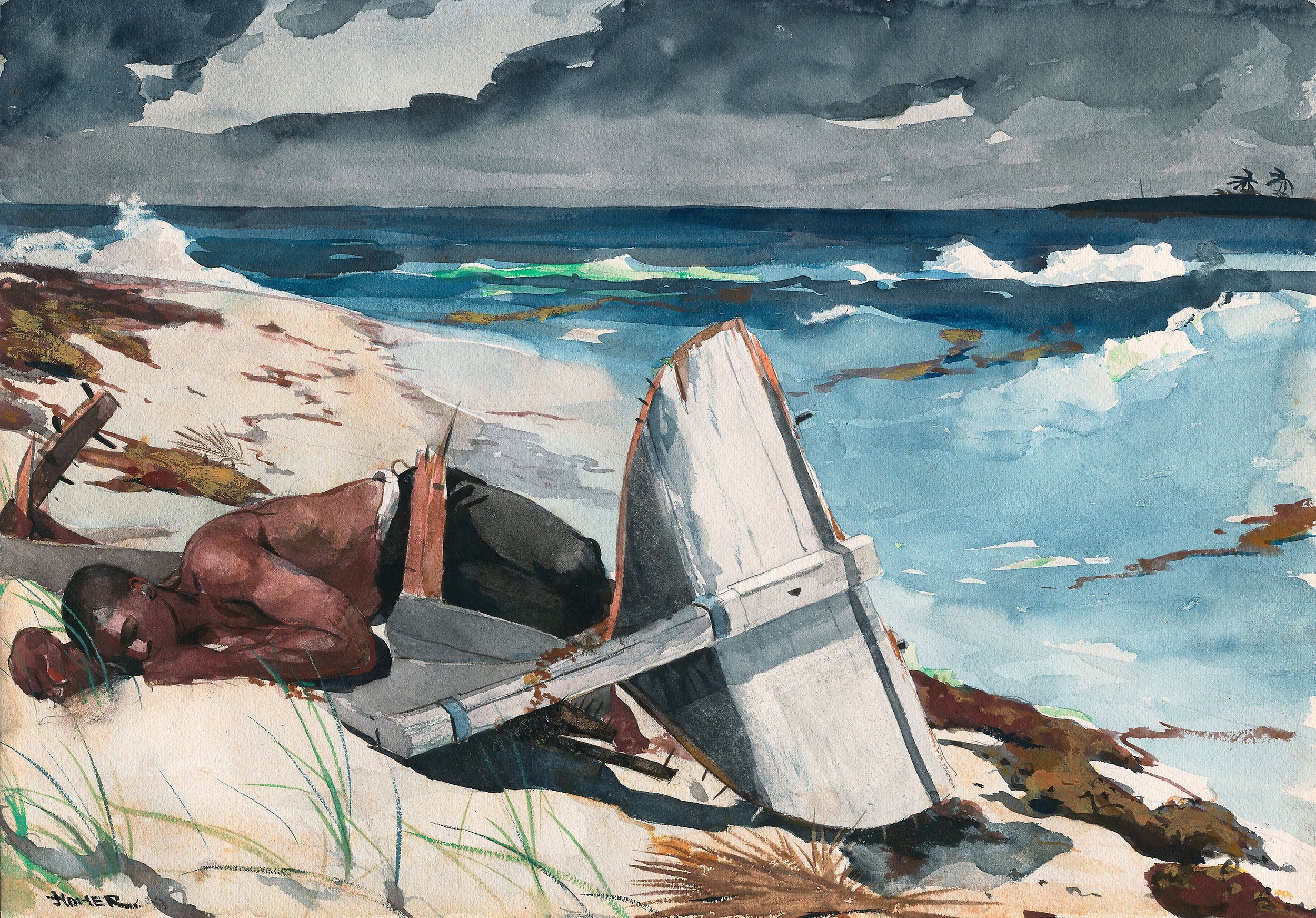 After the Hurricane (1899). Winslow Homer. Transparent watercolor, with touches of opaque watercolor, rewetting, blotting and scraping, over graphite, on moderately thick, moderately textured (twill texture on verso), ivory wove paper Inscriptions Signed recto, lower left corner, in brush and black watercolor. 380 x 543 mm. Image courtesy of Mr. and Mrs. Martin A. Ryerson Collection, sourced from the commons.