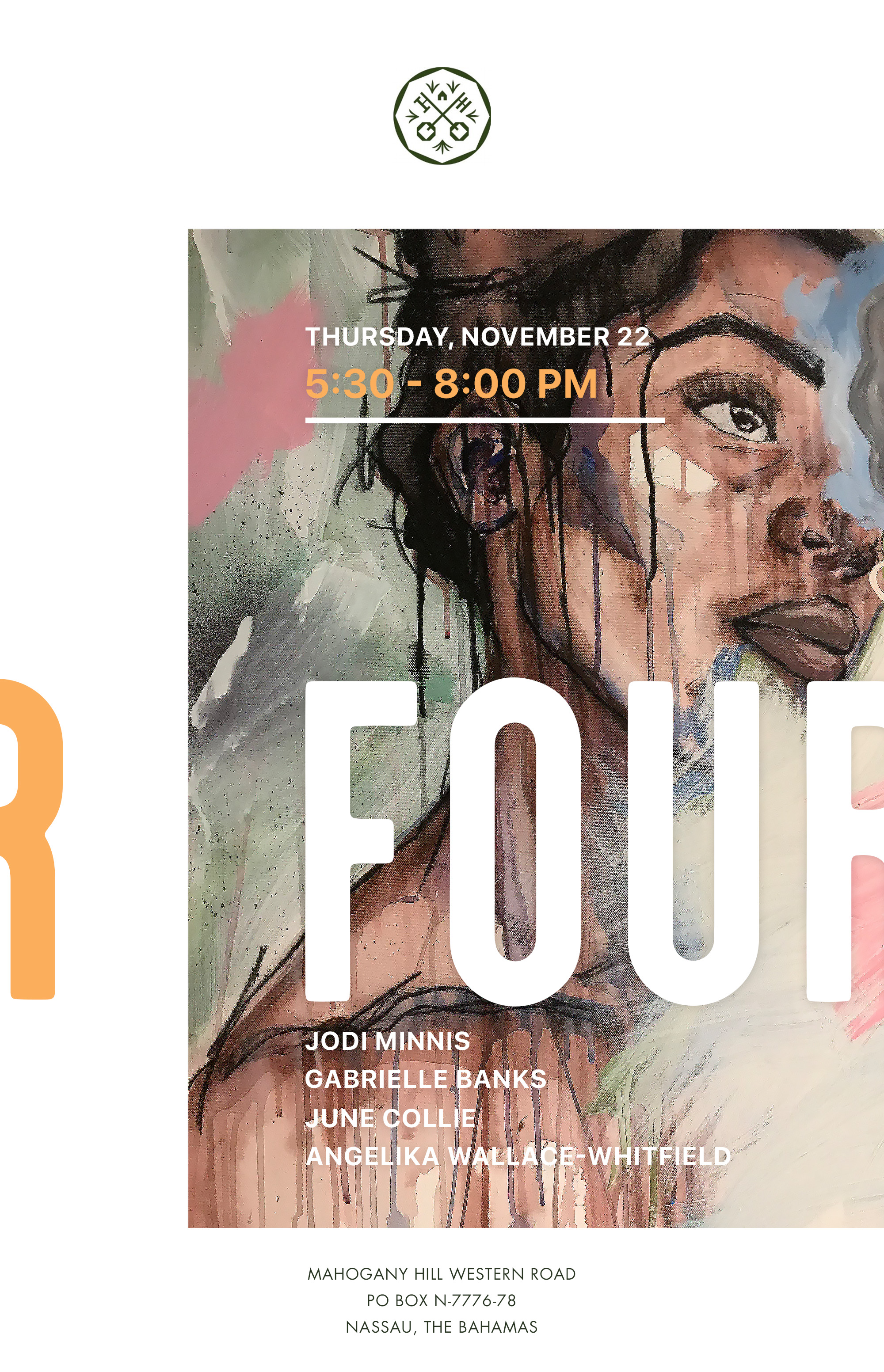 FOUR exhibition flyer designed by artist Piaget Moss, featuring artwork by Angelika Wallace-Whitfield.