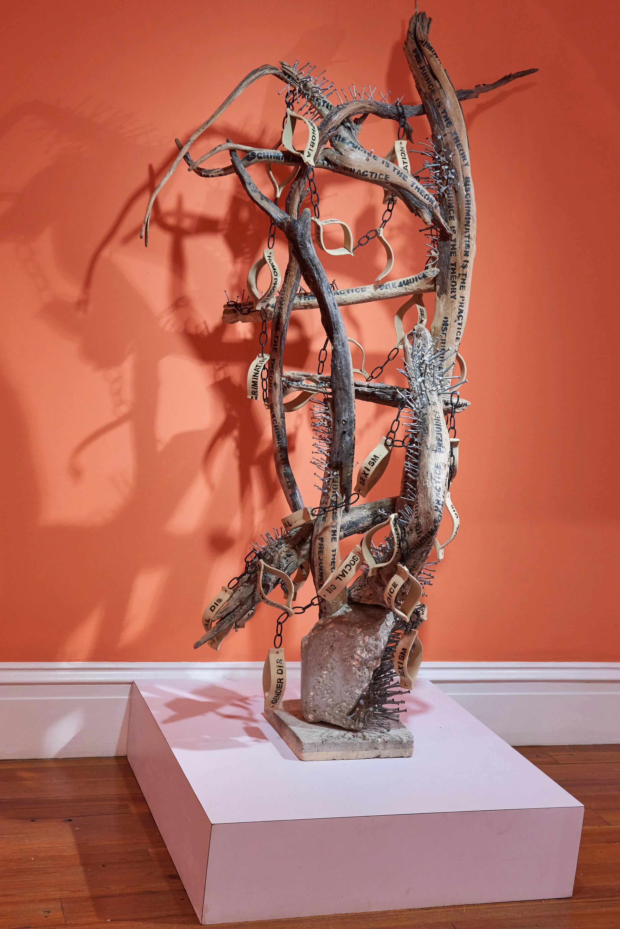 Installation shot of Nkisi/Nkondi Figure: Prejudice is the Theory, Discrimination is the Practice (2012) on view in “Hard Mouth: From the Tongue of the Ocean” the new Permanent Exhibition on view at the NAGB through June 2019.