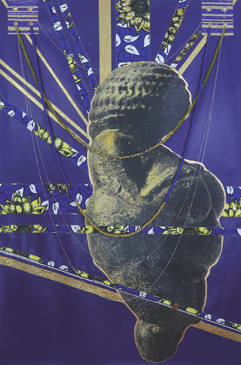 April Bey Power Girl (Asante Queen) 2018. April Bey, "African" Chinese knock-off wax fabric, hand-sewn into canvas with drawing ink, glass beads from Kumasi, Ghana. 72” x 48”. Images courtesy of the artist.