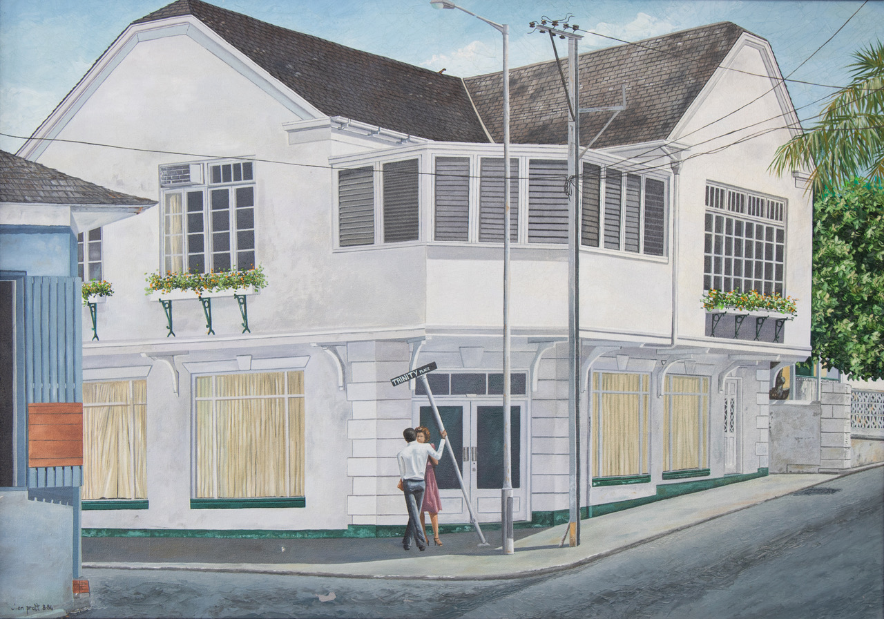 "Trinity Place" (1984), Chan Pratt, oil on canvas, 40 ¾” x 30 ¾”. Collection of Central Bank of The Bahamas.