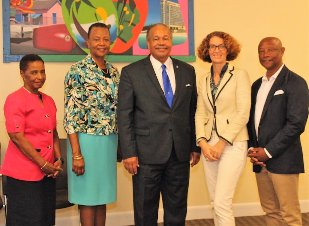 From left are:Dr. Pandora Johnson, Office of the Provost, UB; Dr. Linda A. Davis, Provost, UB; Dr. Rodney D. Smith, President, UB; Mrs. Amanda Coulson, Director, NAGB; Mr. Antonius Roberts, OBE, Art Curator and Artist-in-Residence, UB.