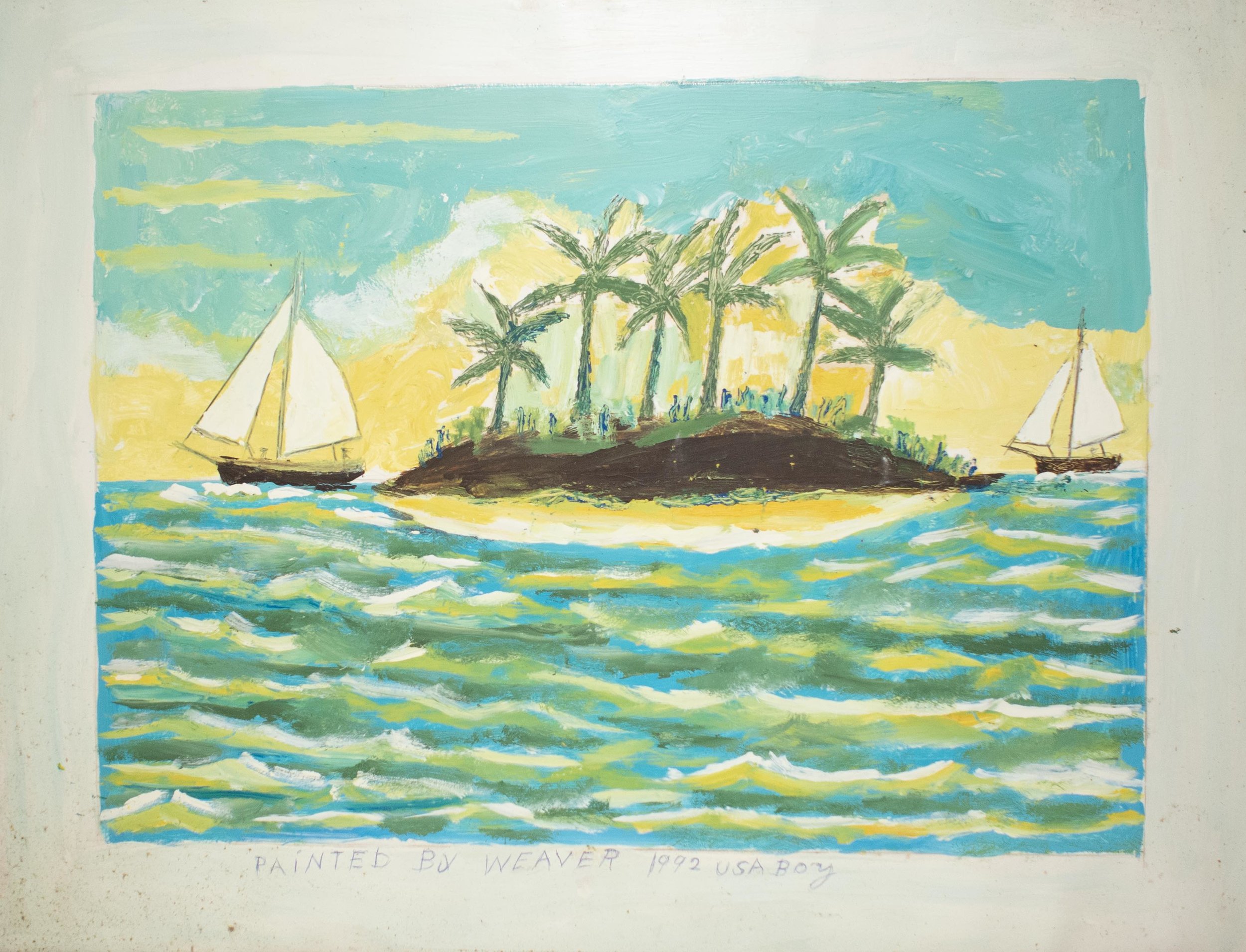 Joe Monks. Cay with two sailboats II, acrylic and pencil on card. 1992.