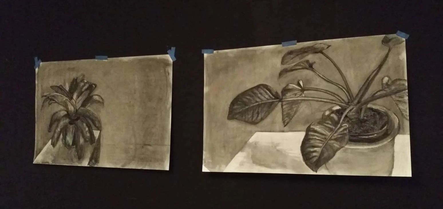 A comprehensive view of works exhibited in the showcase, “And This What I Will Do” by Jodi Minnis. Medium: charcoal.