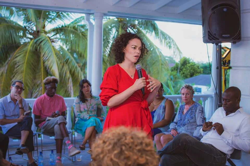 Bynoe speaks to the public at Double Dutch #7 “Hot Water” opening in August 2018. Image courtesy of Jackson Petit and the NAGB.