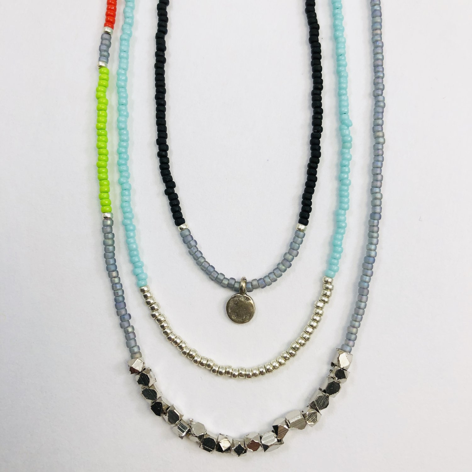 Night Sky: Triple Beaded Necklace Set - One banded in small glass beads,  one banded in nuggets and one with tiny sterling silver circle pendant —  Sarah Crawford Handcrafted