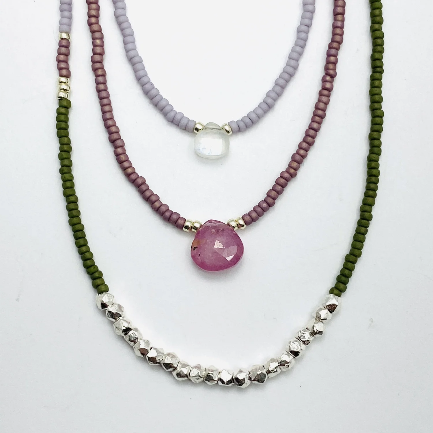 Purples: Triple Beaded Necklace Set Rainbow Moonstone Pink
