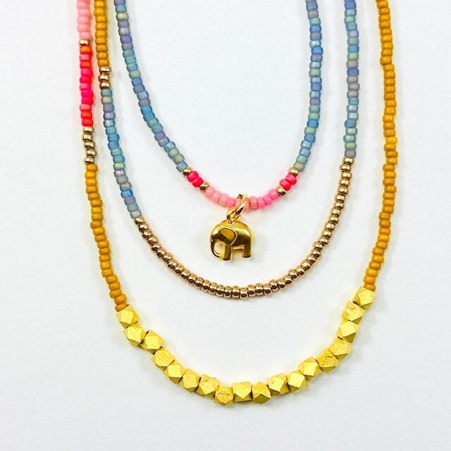 Elephant, Gold, Beaded Necklace, Necklace, Jewelry, Layered Necklace, Boho chic, Color therapy, minimalism, simplicity, yoga jewelry, Ganesh