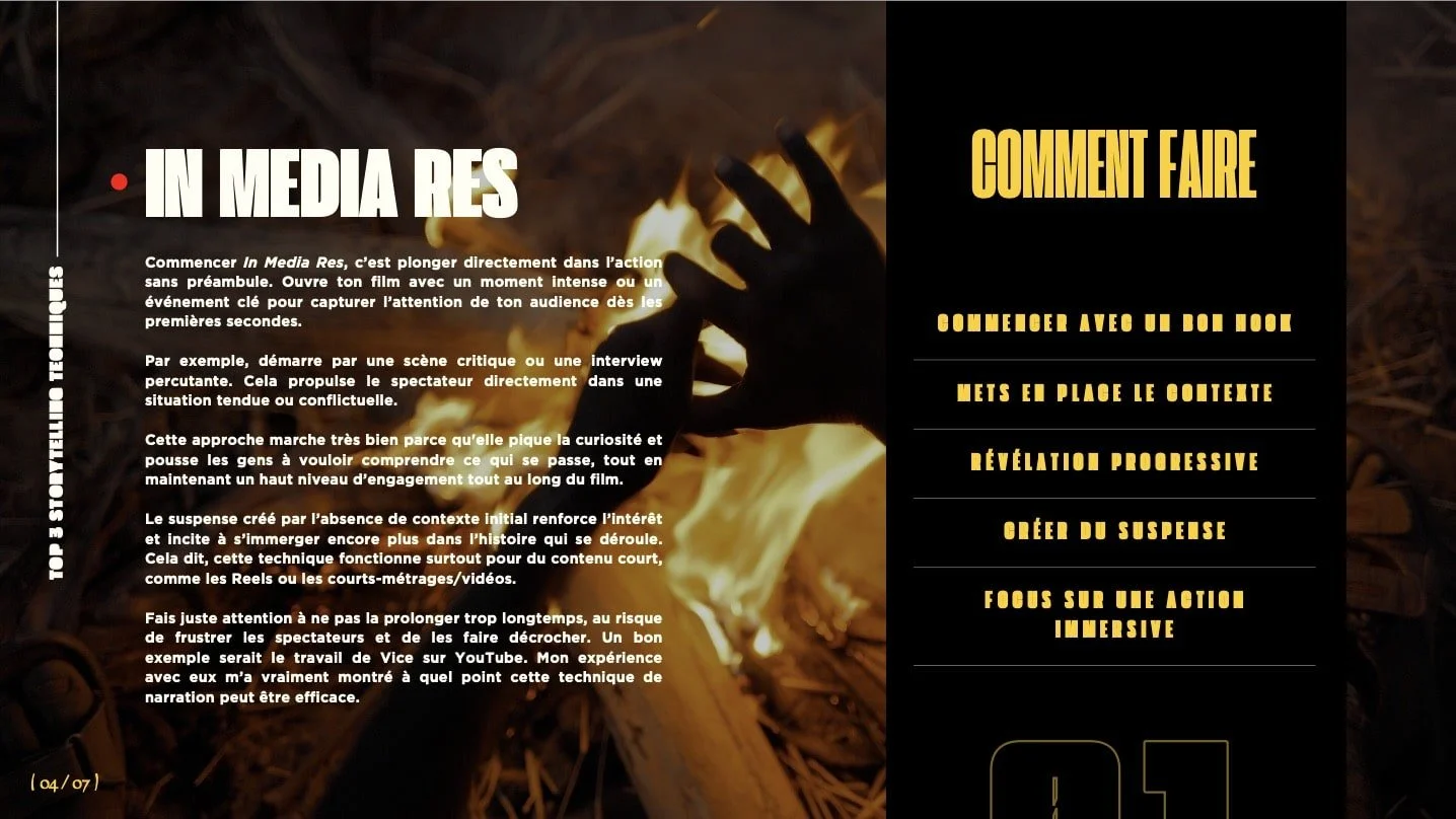 Guide en plusieurs étapes pour faire des vidéos en media resolution, avec un fond de feu et des instructions en français.