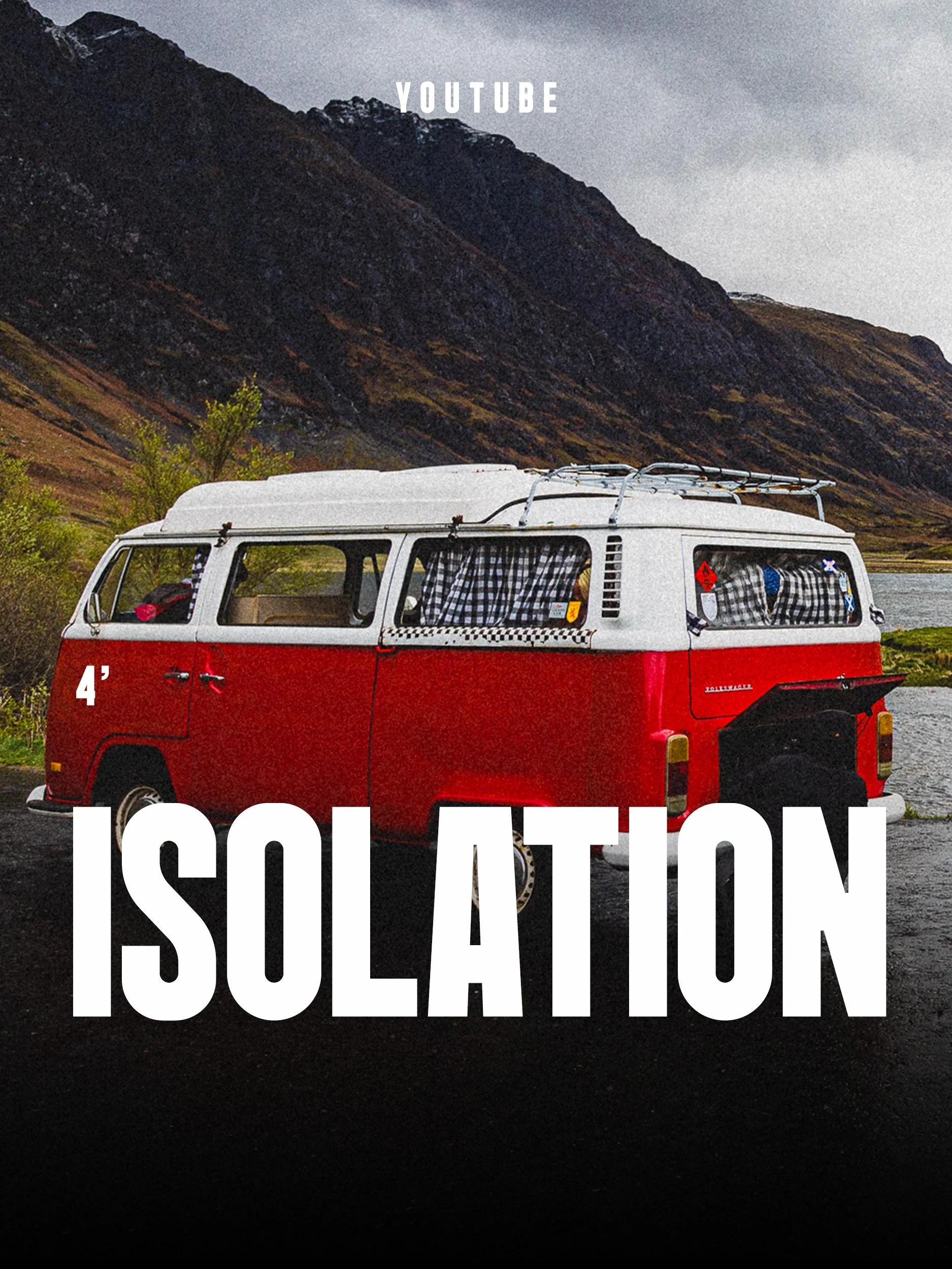 Une image d'une camionnette rouge et blanche stationnée près d'un lac dans un paysage de montagnes, avec des nuages dans le ciel, et du texte indiquant « 2016 MANIFESTO » et « ISOLATION ».