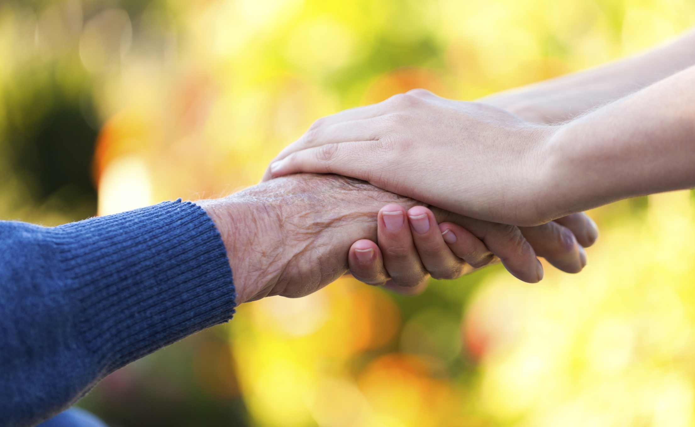 An older hand wearing a blue sweater being held by a younger hand.