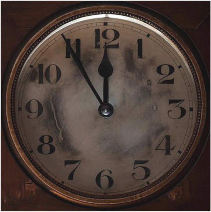 “The Doomsday Clock” by Martyl Langsdorf for the Bulletin ’s first issue. Since 1947 the five-minute setting has shrunk. It is now set at two-and-a-half minutes.