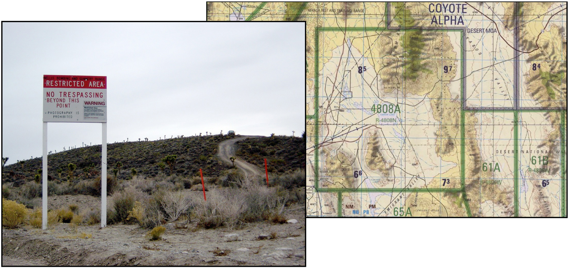 Area 51 border and warning sign — Nevada Test Range topographic chart centered on Groom Lake and showing the restricted air-space area 4808