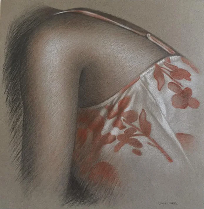 Shoulder and Floral Print Study , 2015, Charcoal and sanguine chalk on grey paper, 11 x 11 inches