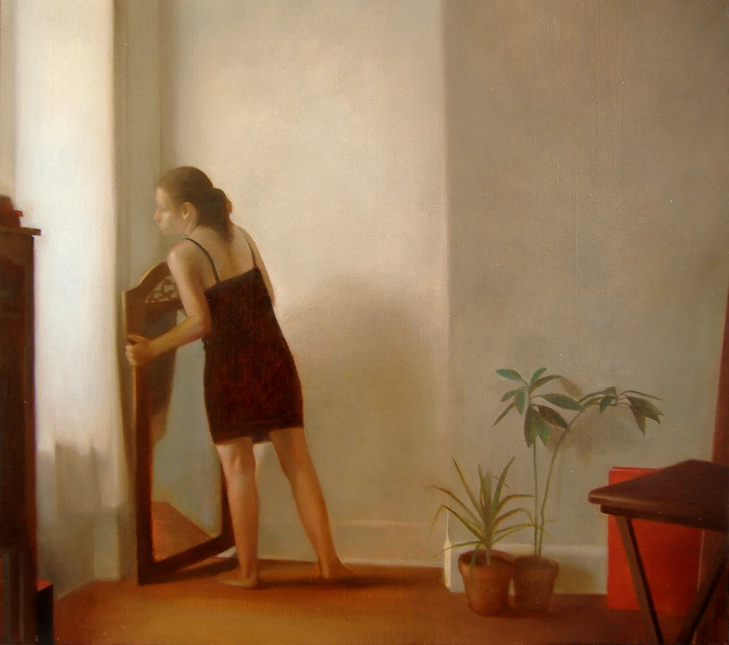 Woman Moving a Mirror , 2007, Oil on linen, 18 x 24 inches, Private collection