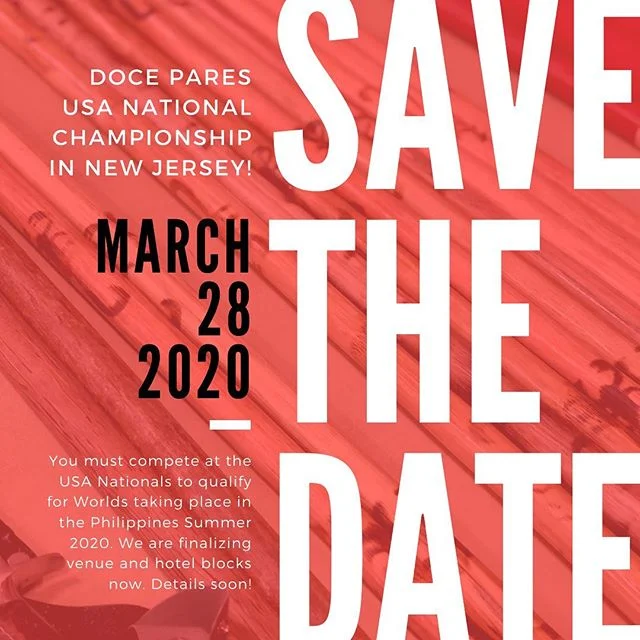 NATIONALS!! To qualify for the 2020 Team 🇺🇸 at Worlds, compete on March 28, 2020 at the Doce Pares USA Nationals in Jersey City, NJ. Venue, hotel blocks, events are being finalized—but clear your calendar (and ask your Jersey friends to host you! 😉).
—
THERE WILL BE NO DAY-OF REGISTRATION. No exceptions. Period. The PIMA website and the Nationals Facebook page will be the ultimate info source. Link in bio, follow facebook.com/doceparesnationals