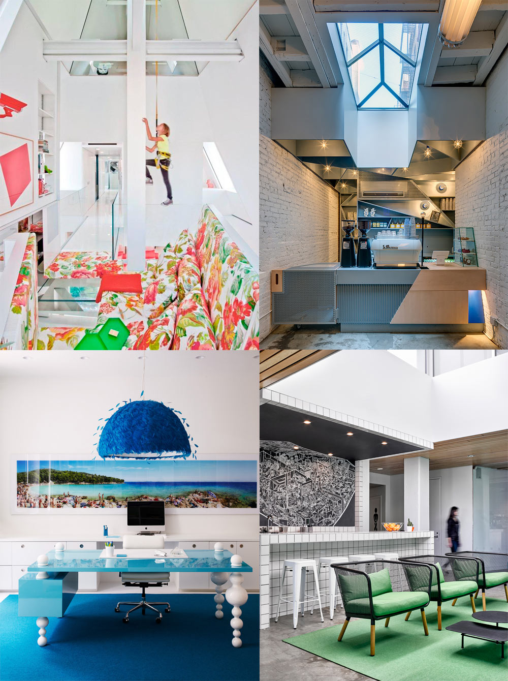 Some of Ghislaine's dramatic and bold interior projects. Clockwise from top left: Skyhouse / Photo by Eric Laignel; Happy Bones coffee shop / Photo by Francis Dzikowski; Barrows office design / Photo by Garrett Rowland; Warren St. Townhouse / Photo by Eric Laignel