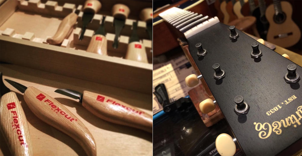 Left: Brad's whittling set / Right: Brad's new Martin guitar