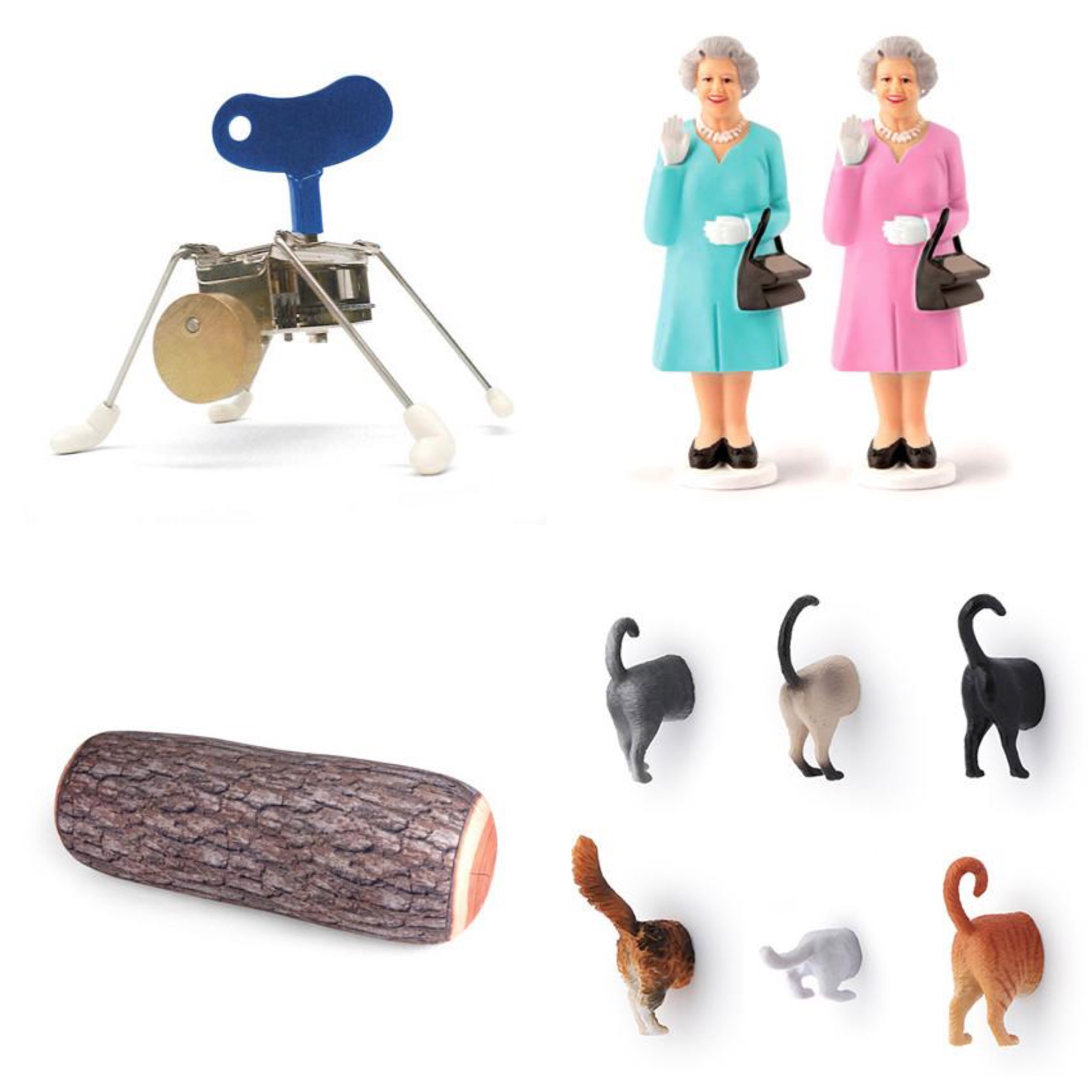 A selection of notable Kikkerland designs. Clockwise from top left: Wind-up toy, Solar Queen, Cat Butt Magnets, Log Pillow