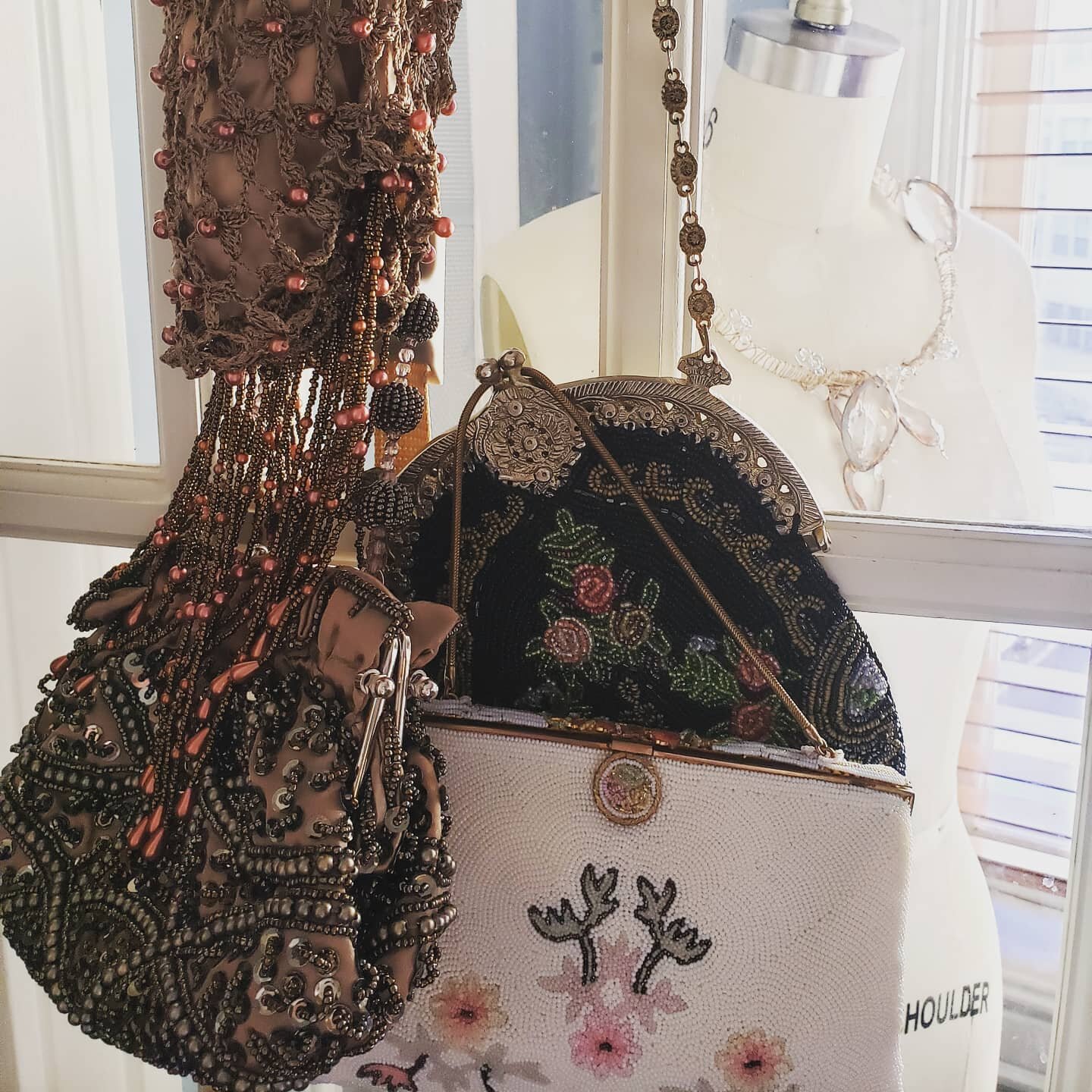 Using a #StillLife in which I've mixed my #vintagehandbag collection with my dear late Grandma's bags &amp; hats to decorate a new space. They're #TooPretty to hide in boxes.