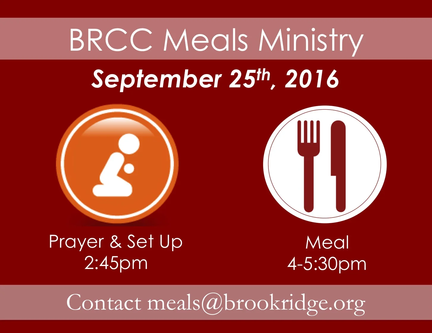 Come and join in this great time of serving the Haverhill community by offering a free meal the last Sunday of every month. To sign up to volunteer, email meals@brookridge.org . 