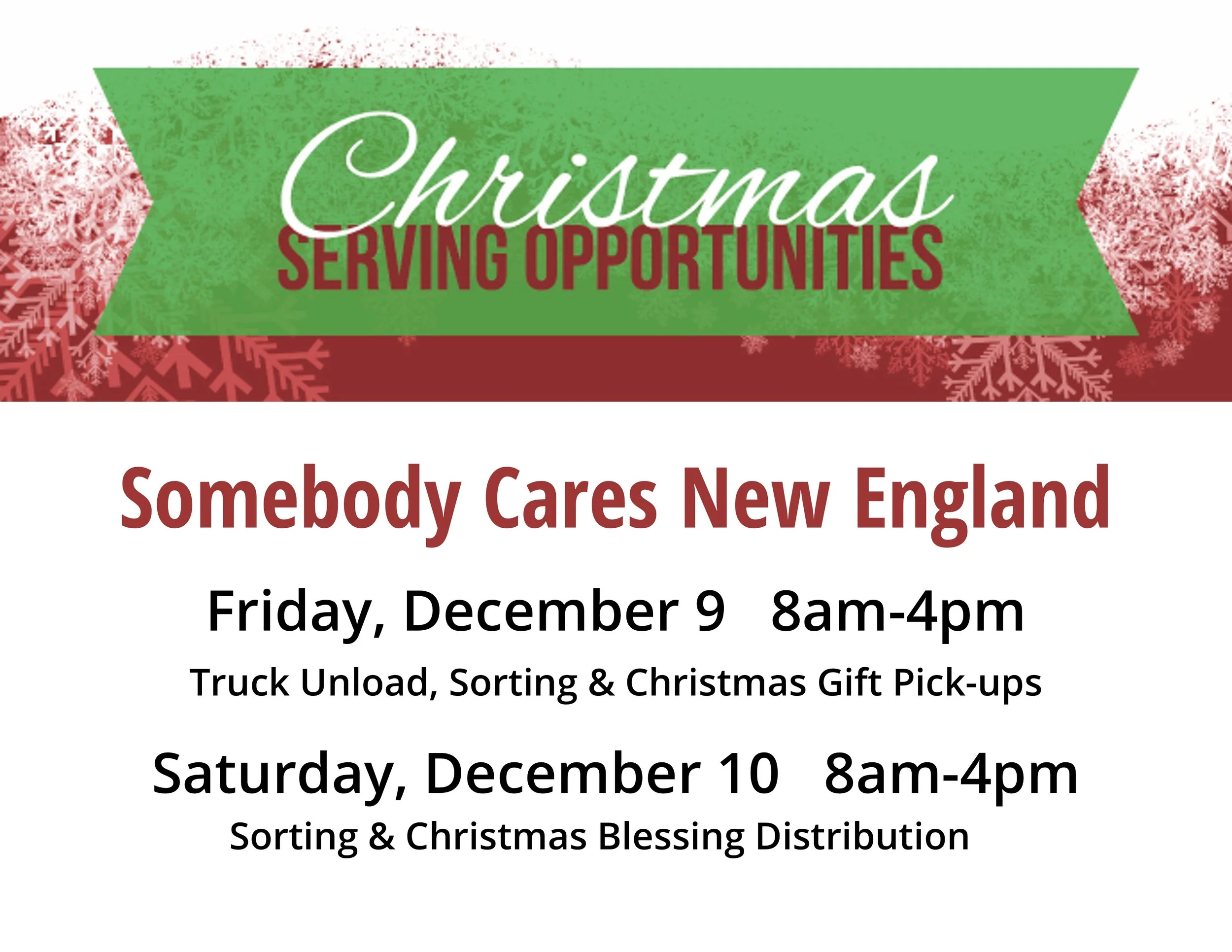 BRCC has teamed up with Somebody Cares New England to provide serving opportunities this Christmas! As SCNE prepares to launch their HUGE Christmas outreach, they are asking for volunteers to help with all the work that needs to be done. You can sign up for Friday, 9 Dec, or Saturday, 10 Dec from 8-4. If you can help, please fill out the form on your seat in the sanctuary and put it in the red buckets at the end of service. Any time you can give is greatly appreciated!