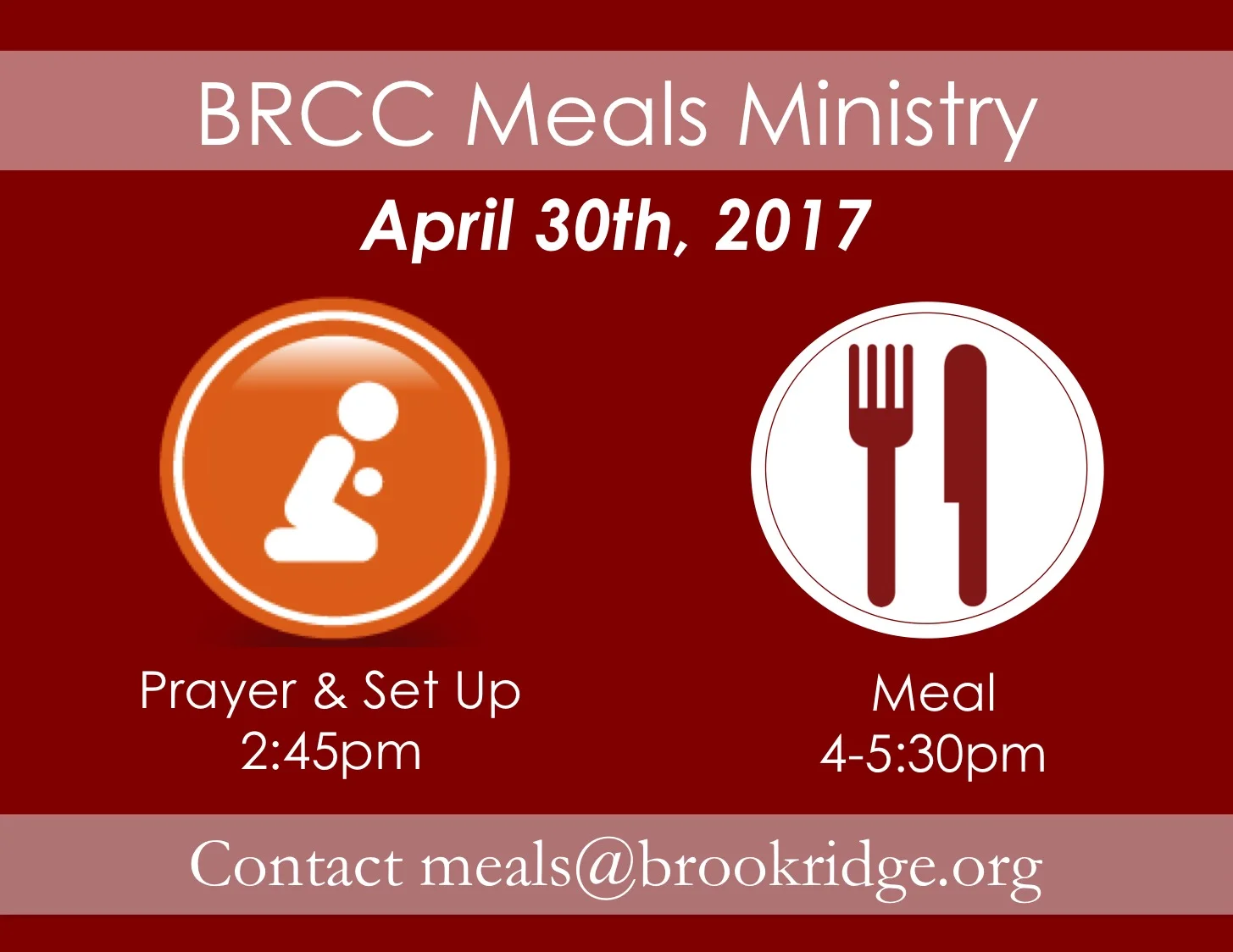 Come out and serve a hot meal to those in need in the Haverhill community. Meals ministry happens the last Sunday of every month! Email meals@brookridge.org to volunteer. 
