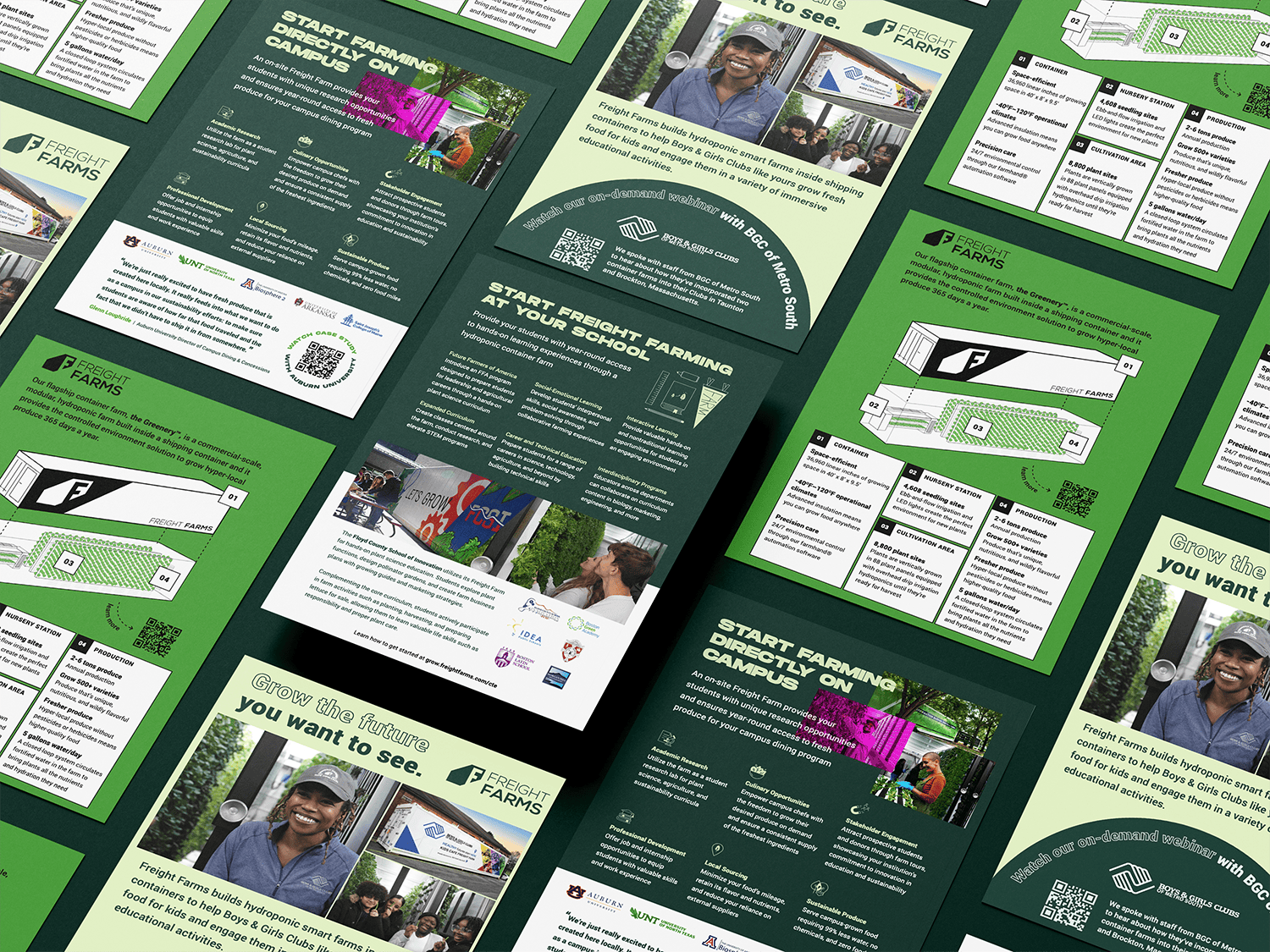 Flyer brochure promoting Freight Farms' hydroponic smart farms, educational programs, and campus farm initiatives with images of smiling people, farm layouts, and QR codes for more information.