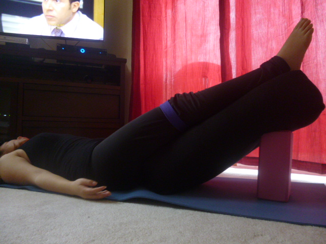 This is me demonstrating a gentle inversion restorative pose. And YES, I had my favorite TV show -- The Office on!