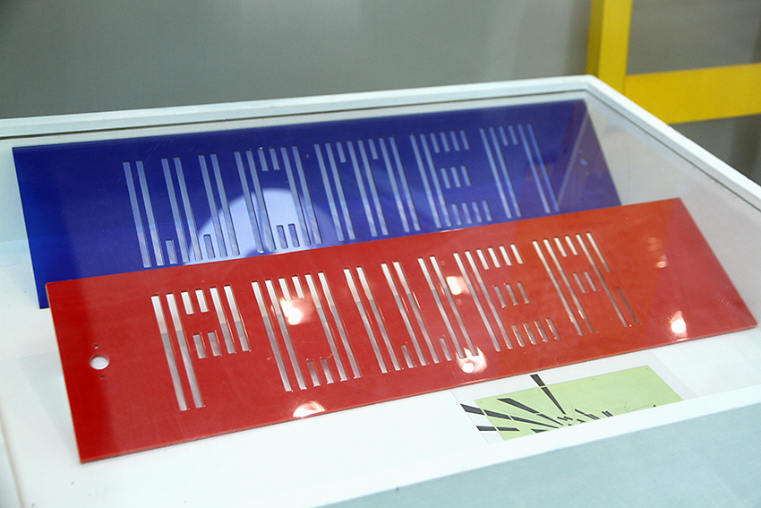 Lucienne Roberts, test prints for 'Women, Fashion, Power' exhibition signage at the Design Museum (2014) on display at the A+ exhibition at Central Saint Martins in 2016