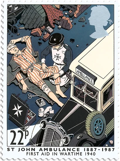 One of a set of stamps commissioned by the Post Office (1987) by Debbie Cook. Image credit Debbie Cook http://debbiecook.co.uk/