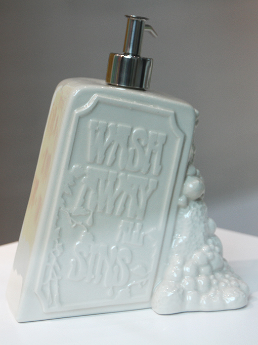 Tina Tsang's 'Wash Away All My Sins" soap dispenser, displayed in the A+ exhibition at Central Saint Martins, 2016.