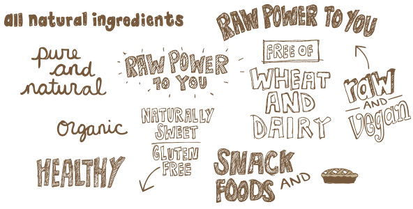 Examples of various hand-lettering styles used throughout brand