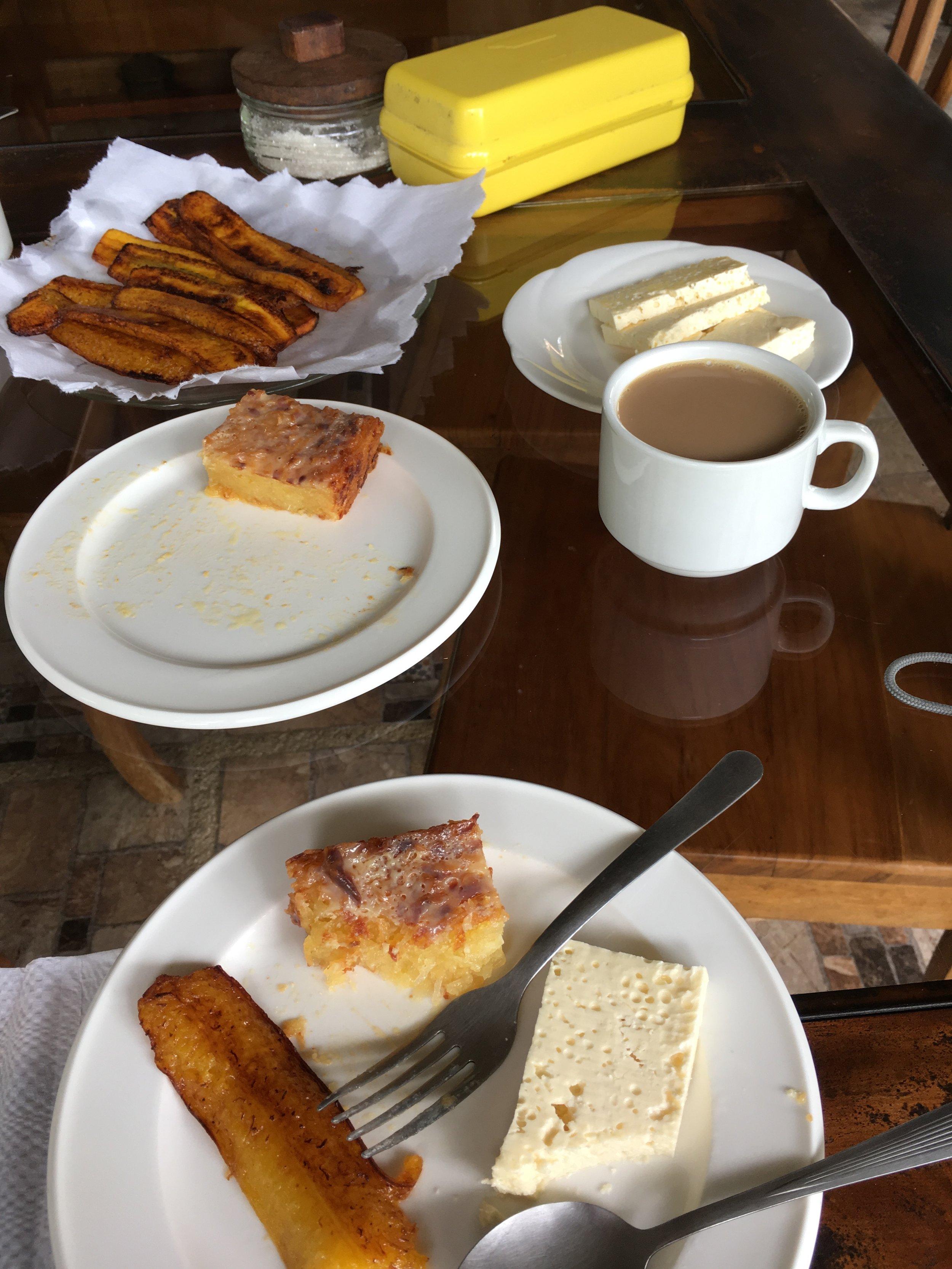 Yuca cakes, fried plantains, and farmer's cheese